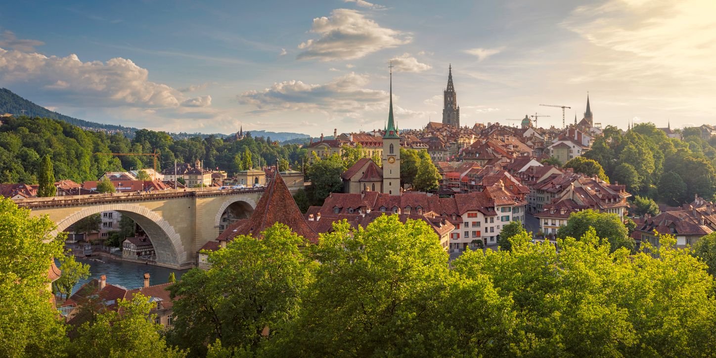 View of the city of Bern, capital of Switzerland, on a summer evening.