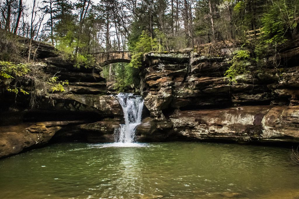 Stone Bridge and Waterfall in Hocking Hills State Park, Ohio