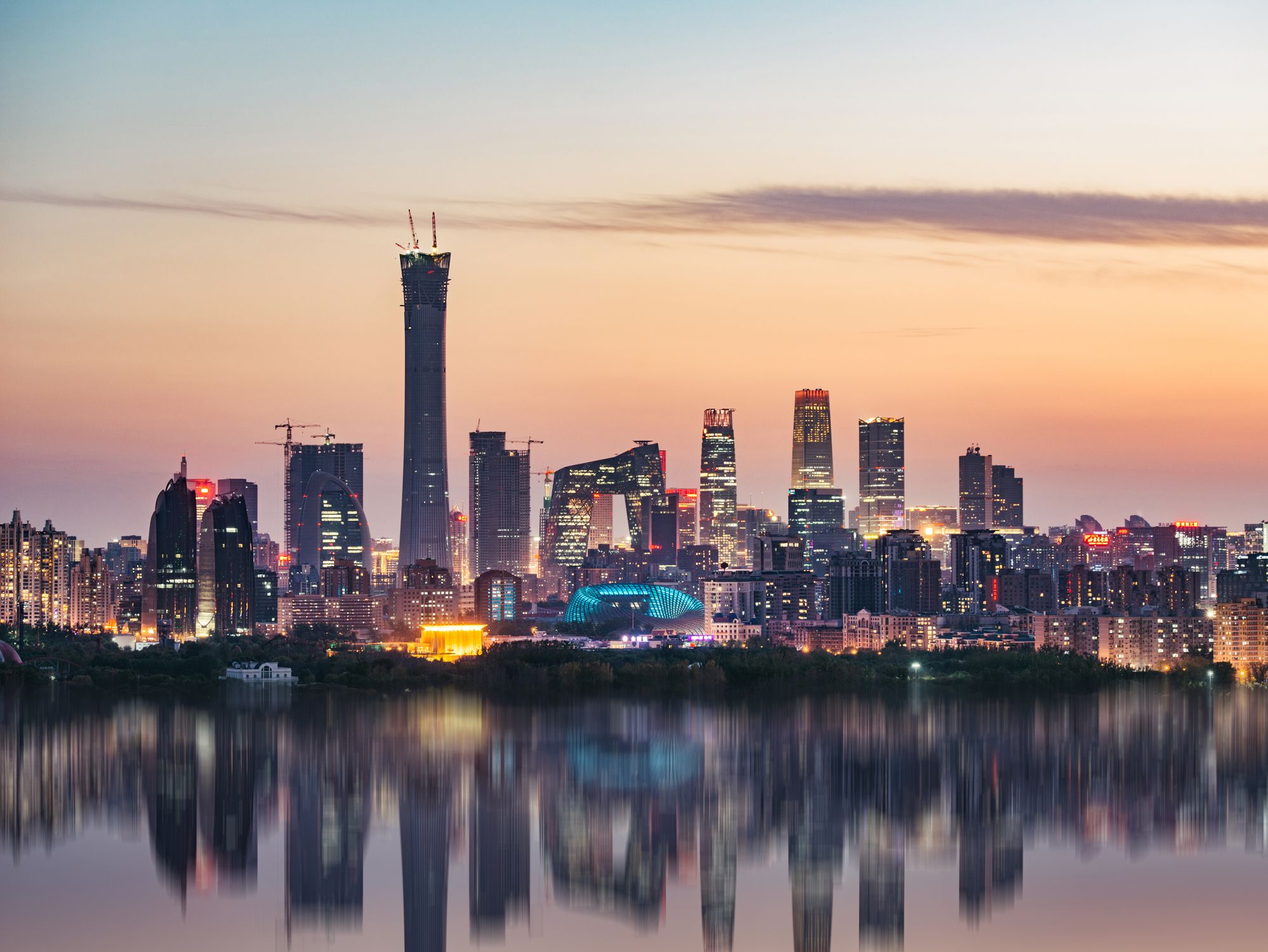 High angle view of Beijing Skyline at Dusk