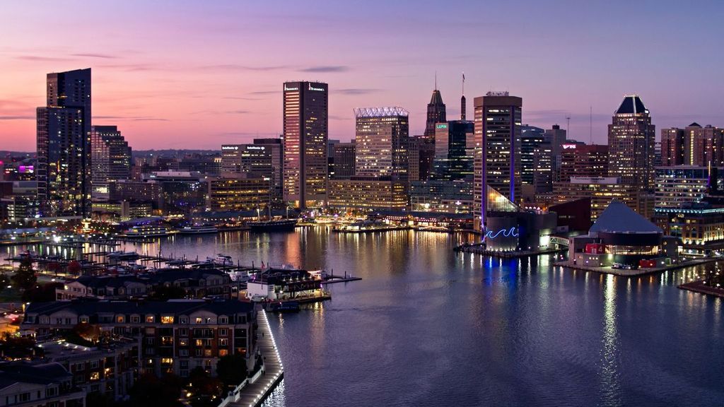 Baltimore skyline and Inner Harbor at Nightfall