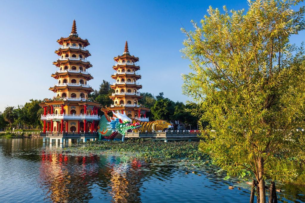 Architecture view of the Dragon and Tiger Pagodas in Lotus Pond of Kaohsiung, Taiwan