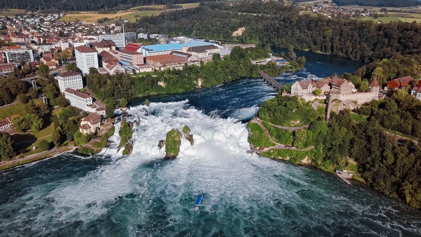 Aerial panorama of Rhine Falls, the largest waterfall in Switzerland and Europe