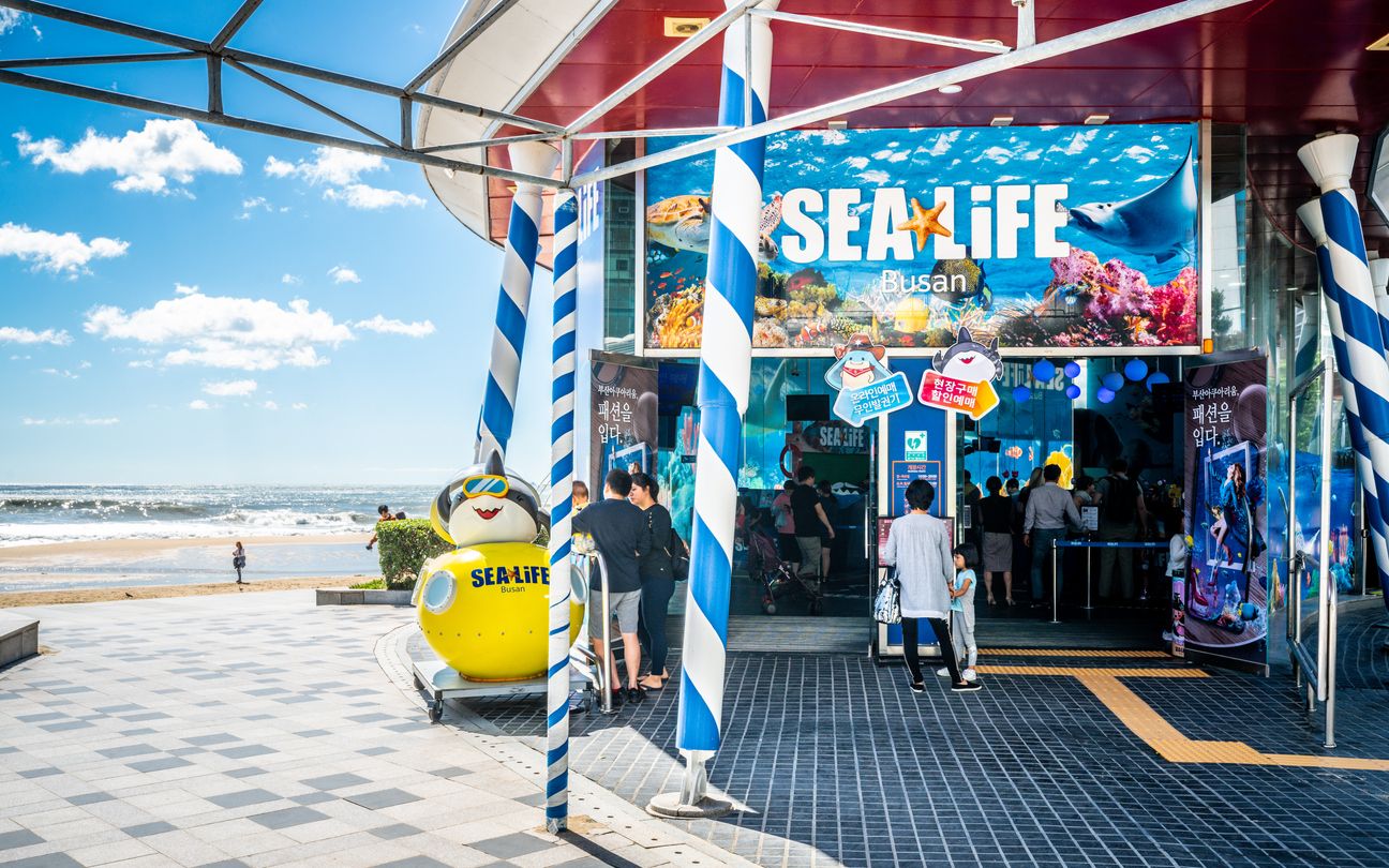Entrance of Sea Life aquarium and Haeundae beach view in Busan South Korea