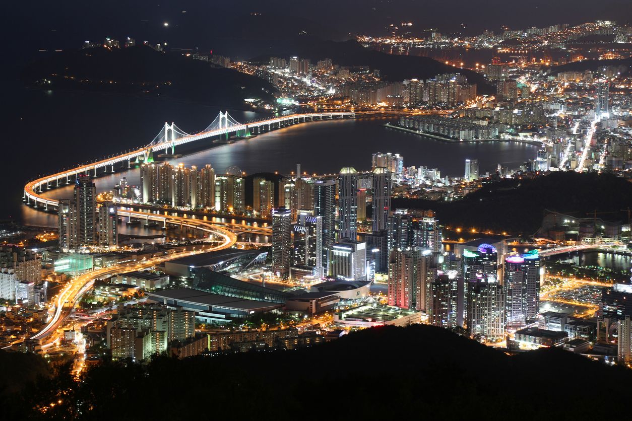 Night view at Busan cityscape and The Gwangan Bridge (Diamond Bridge) in Busan, South Korea