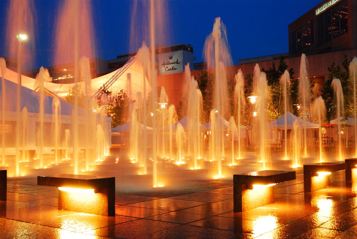 Kansas City, Missouri is famous for the numerous fountains throughout the city. Here, Crowne Plaza, the world headquarters of Hallmark, is domniated by a multitude of fountains