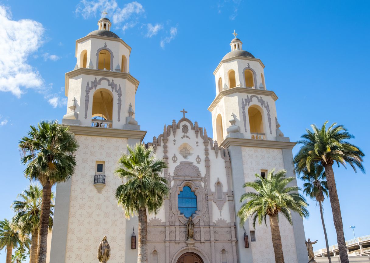 Tucson's St. Augustine Cathedral Surrounded by Palms