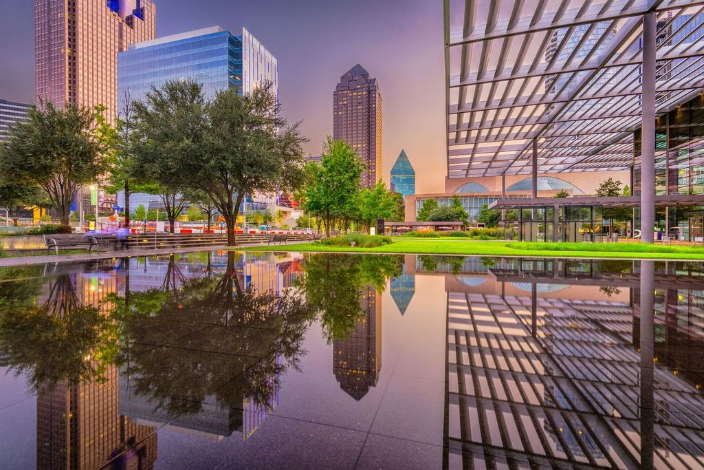 Dallas, Texas, USA downtown plaza and cityscape.