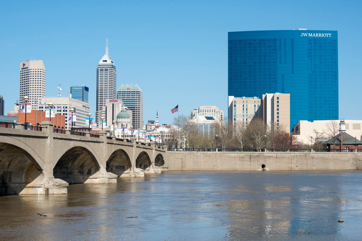The JW Marriott rises beyond the flooded White River in downtown Indianapolis, Indiana