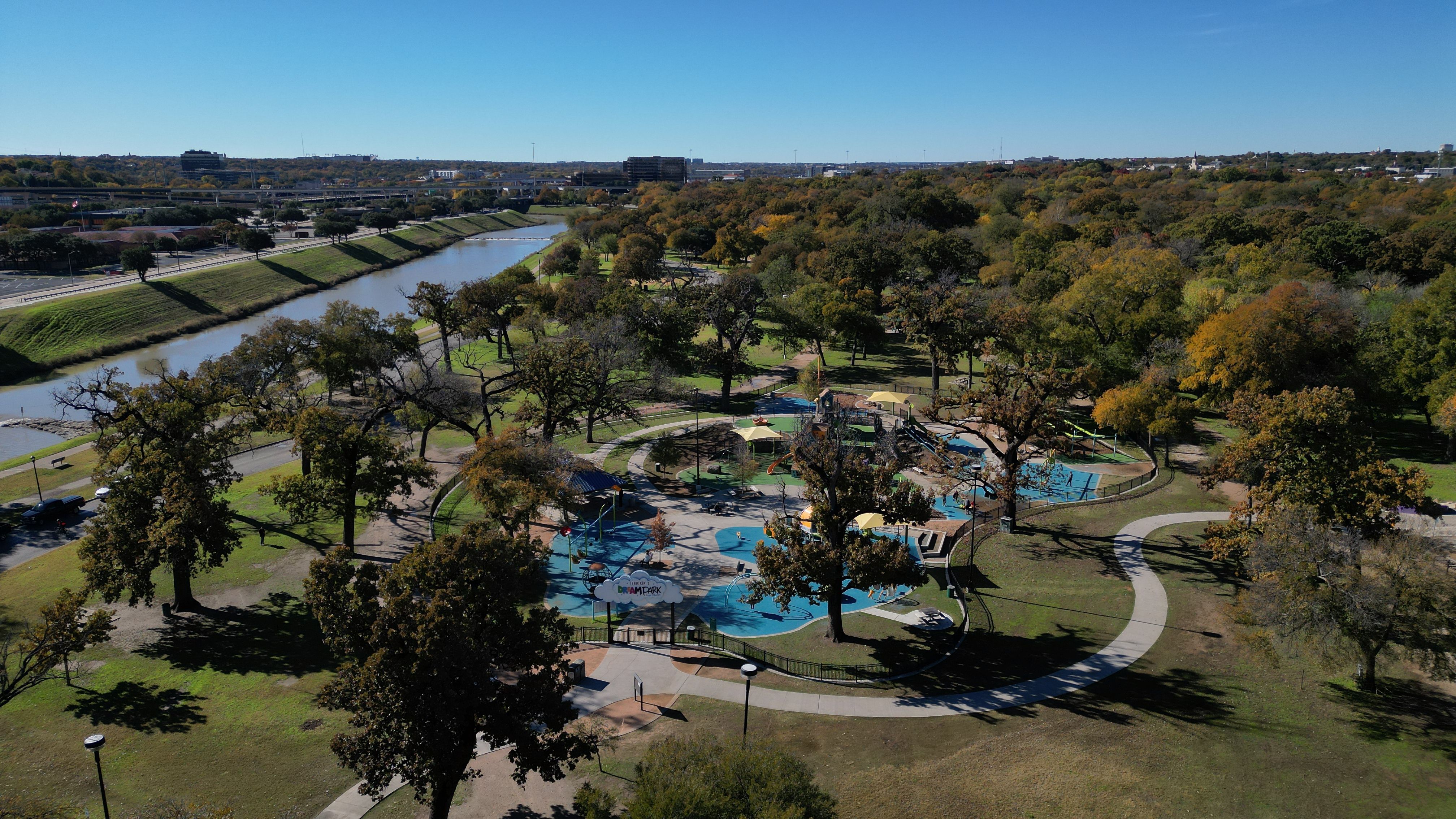 Aeiral view of Dream Park inside Trinity Park next to the Trinity river in Fort Worth, Texas