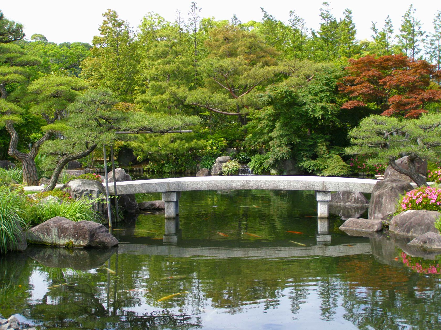Stone bridge in Japanese garden Koko-en in Himeji, Japan
