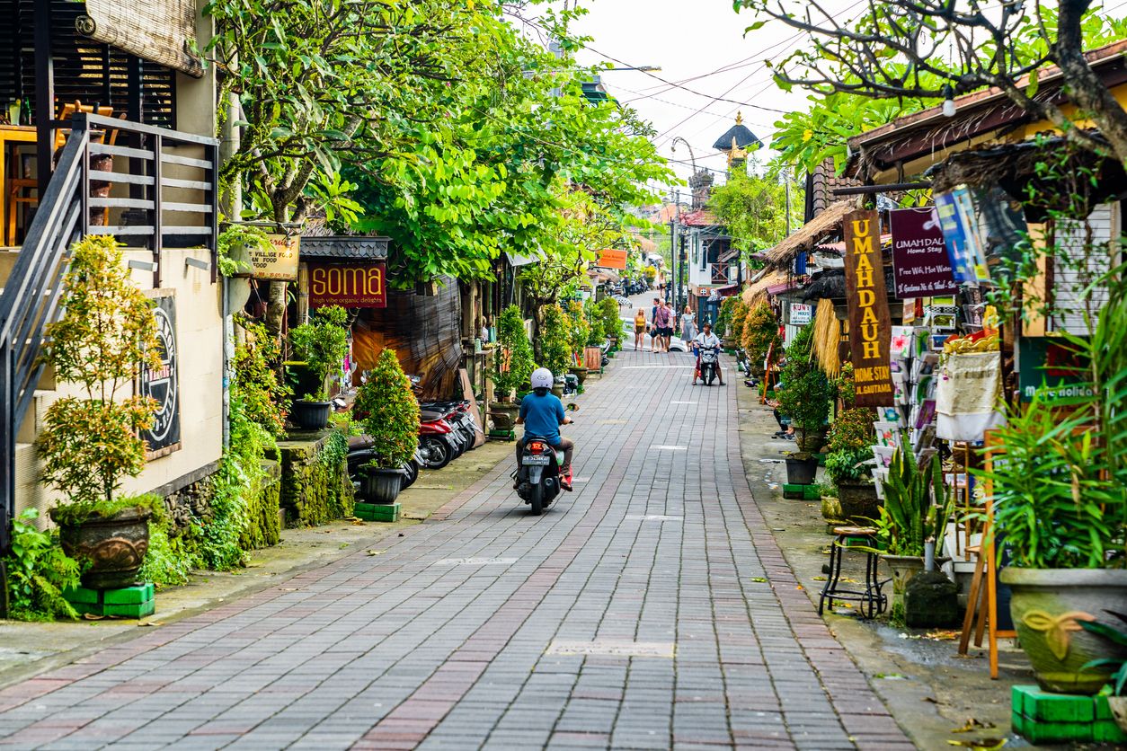 Bali, one of the central streets of Ubud, full of bars, restaurants and stores.