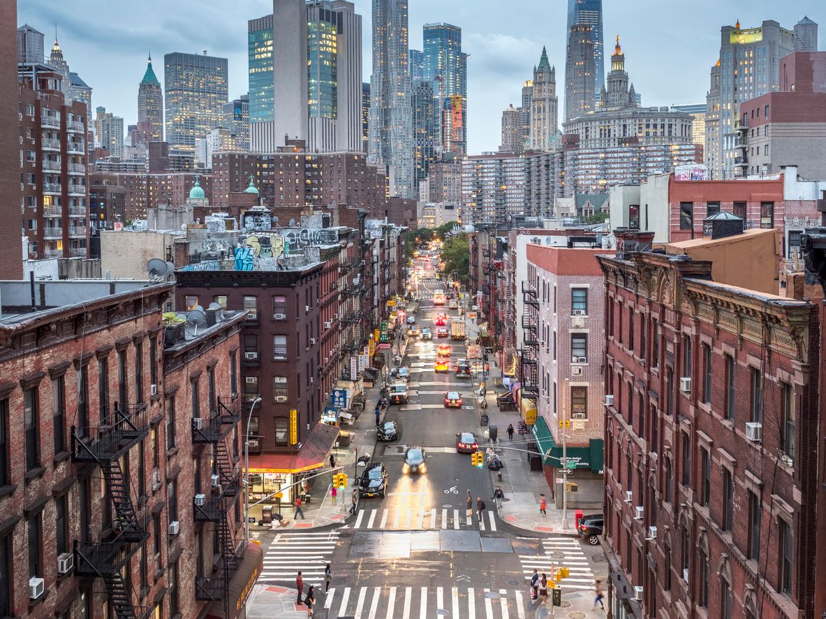 view of Lower Manhattan cityscape - Chinatown, New York, USA