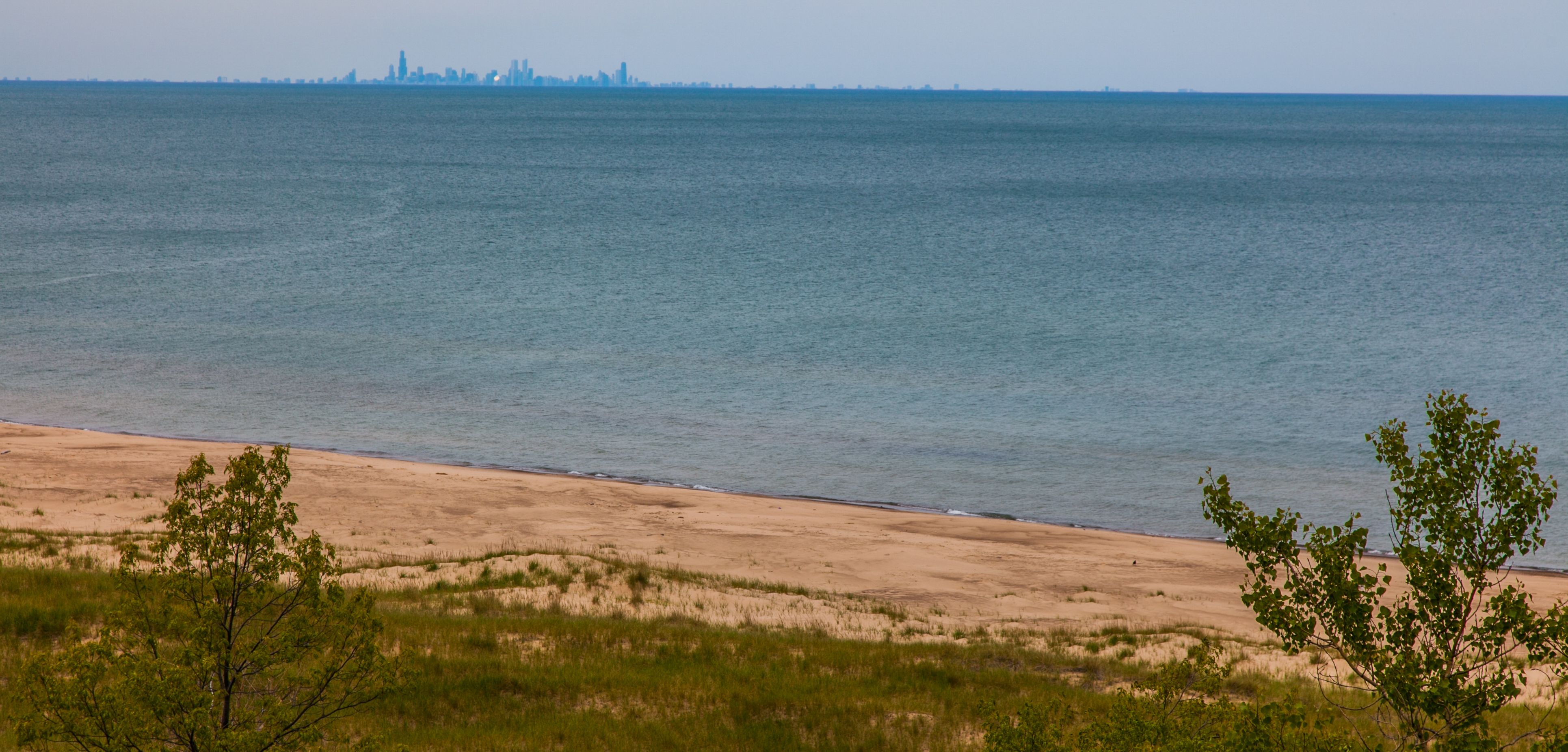 Indiana Dunes National Park lakeshore with Chicago skyline in the distance