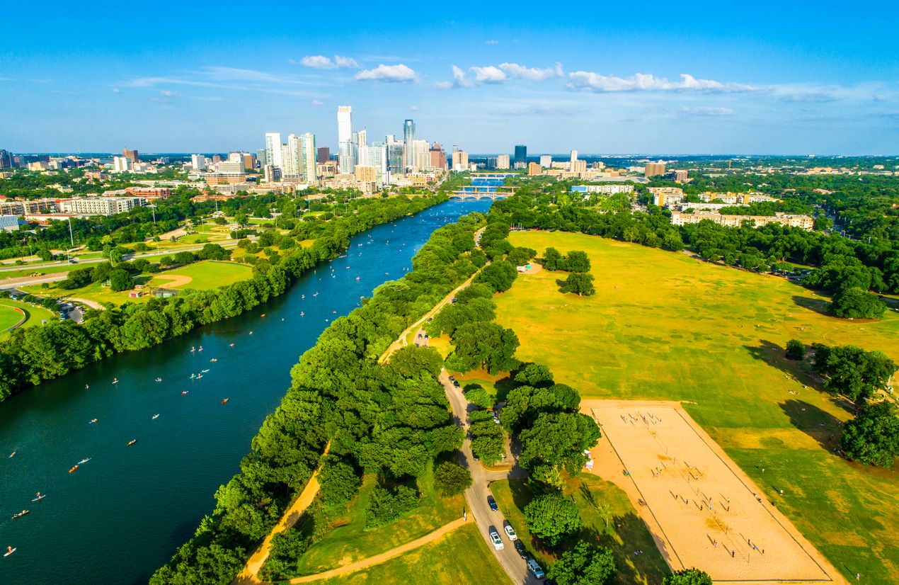 Zilker Park and Town Lake Aerial Drone view above Austin Texas Skyline Landscape