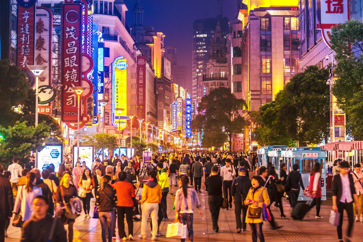 Busy streets full of people shopping in popular tourist spot Nanjing Road, Shanghai, China