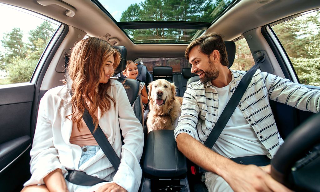 Family with dog in the car leaving for a weekend vacation