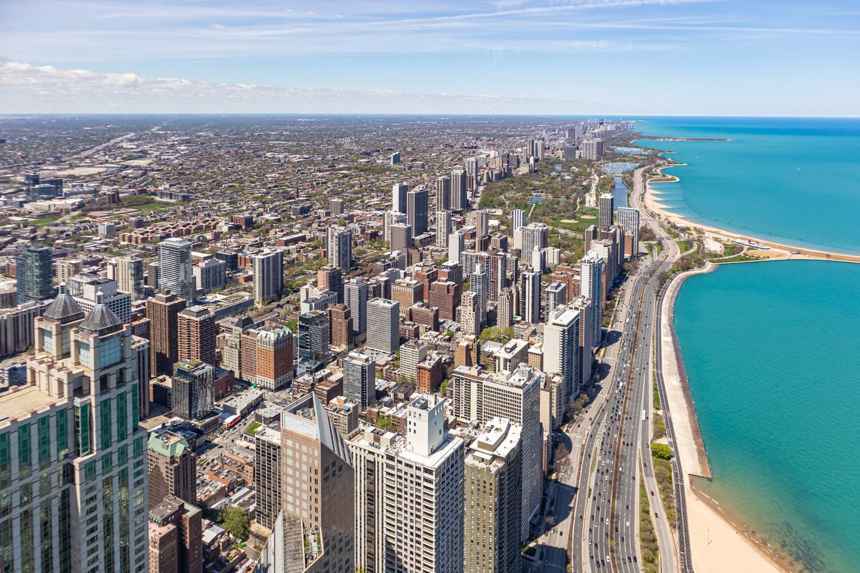 Chicago cityscape aerial view, spring day, lake Michigan, view from skydeck