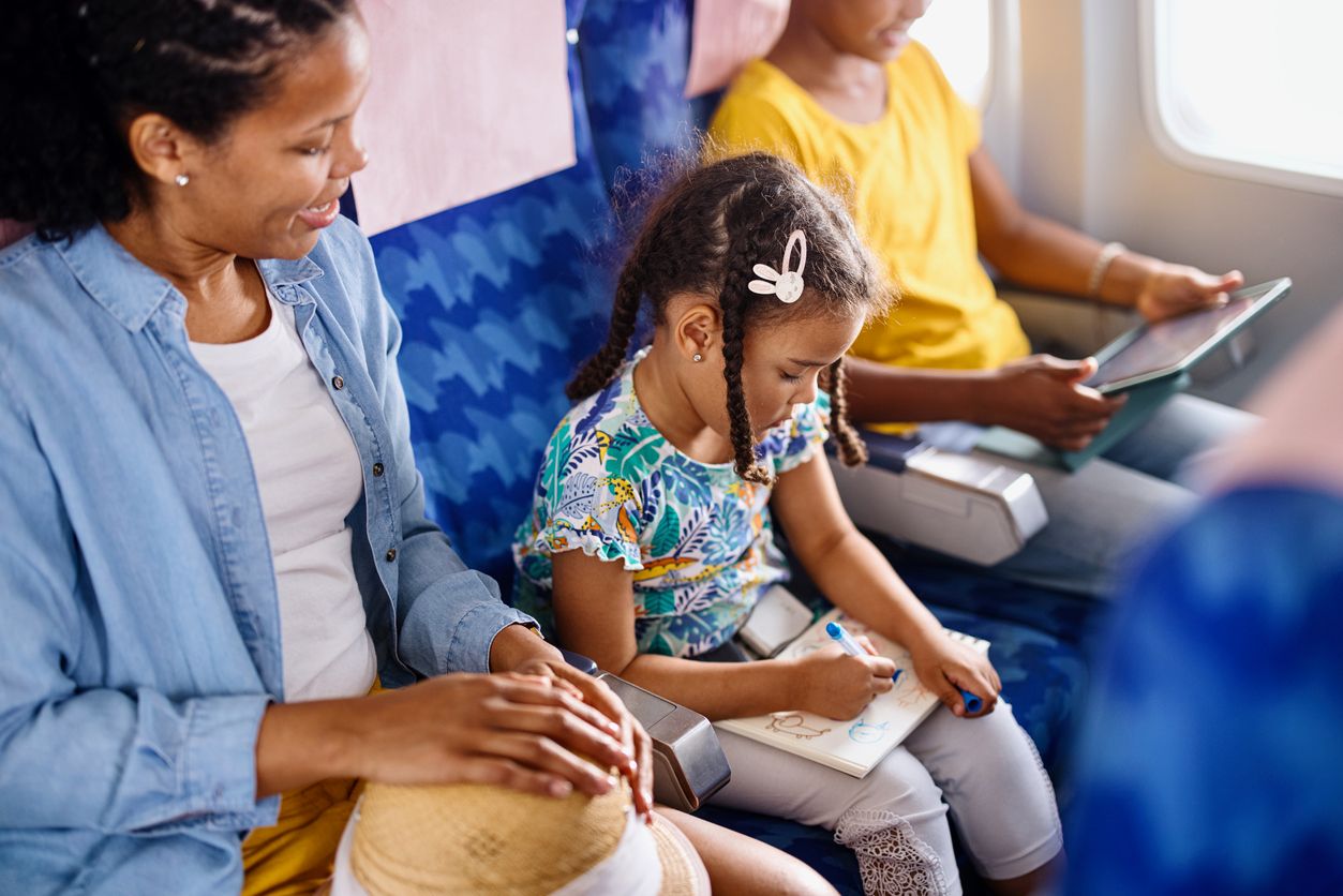 Family with two children traveling to summer vacation by airplane.