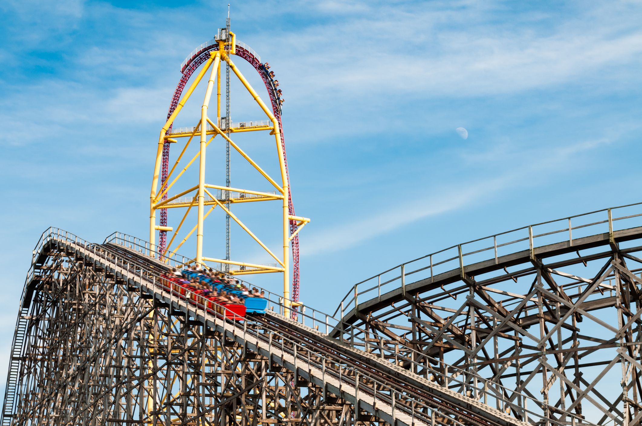 Roller coaster rides and riders at Cedar Point amusement Park in Sandusky, Ohio