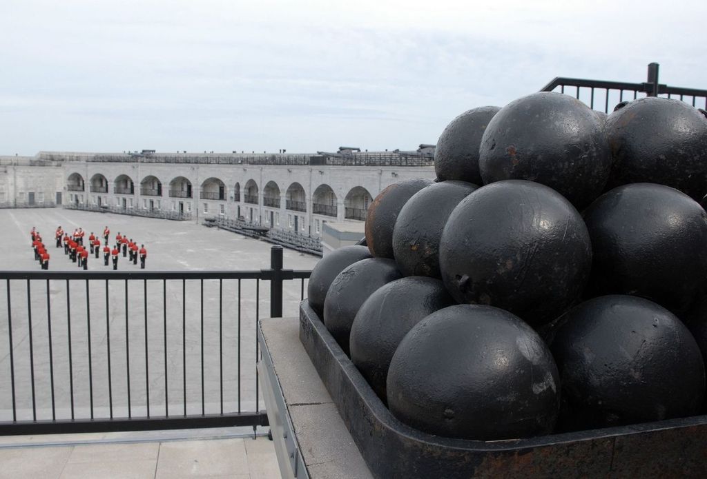 Fort Henry, Kingston, Ontario overlooking parade square with cannon balls in focus.