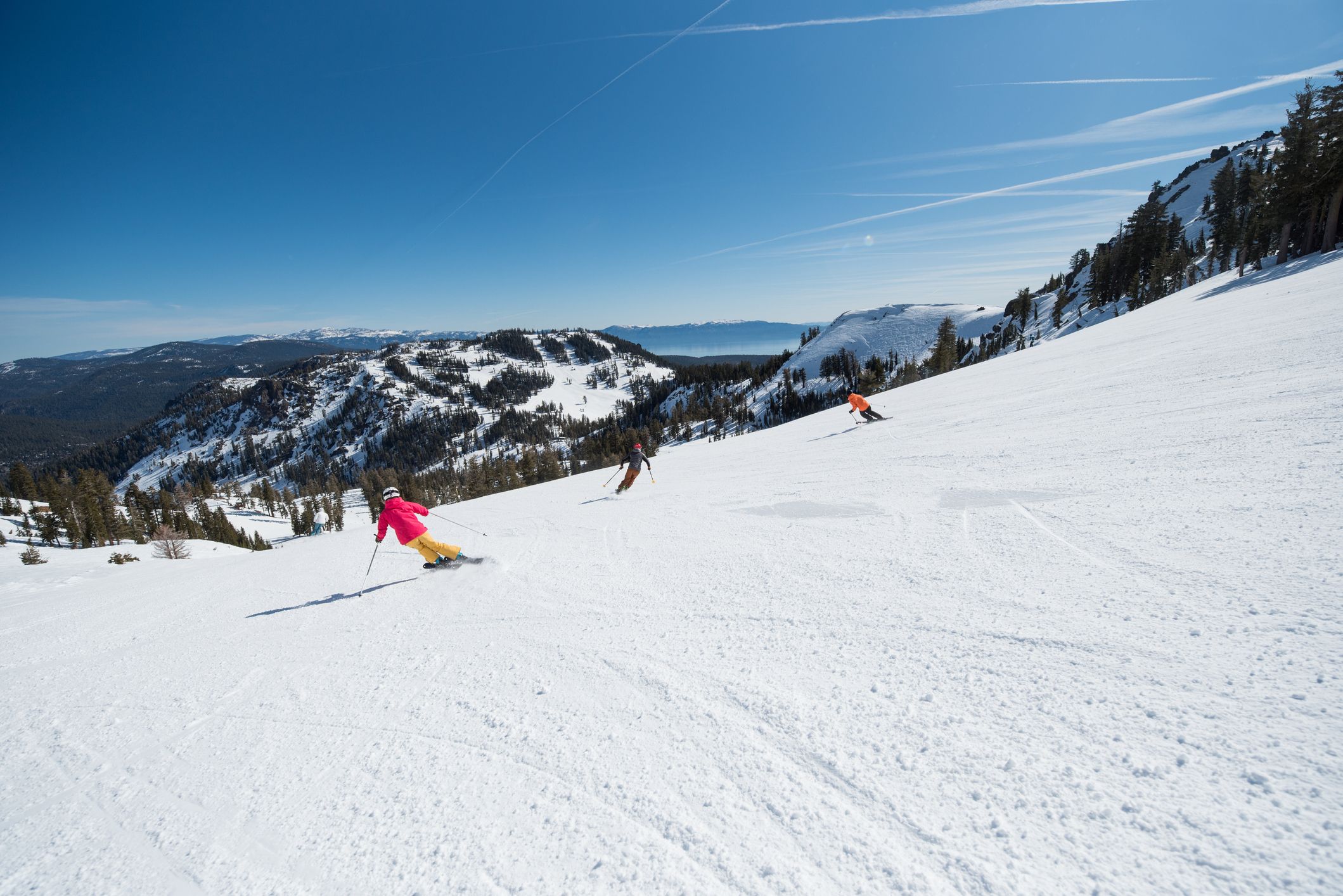 Skiers in the California mountains near Lake Tahoe