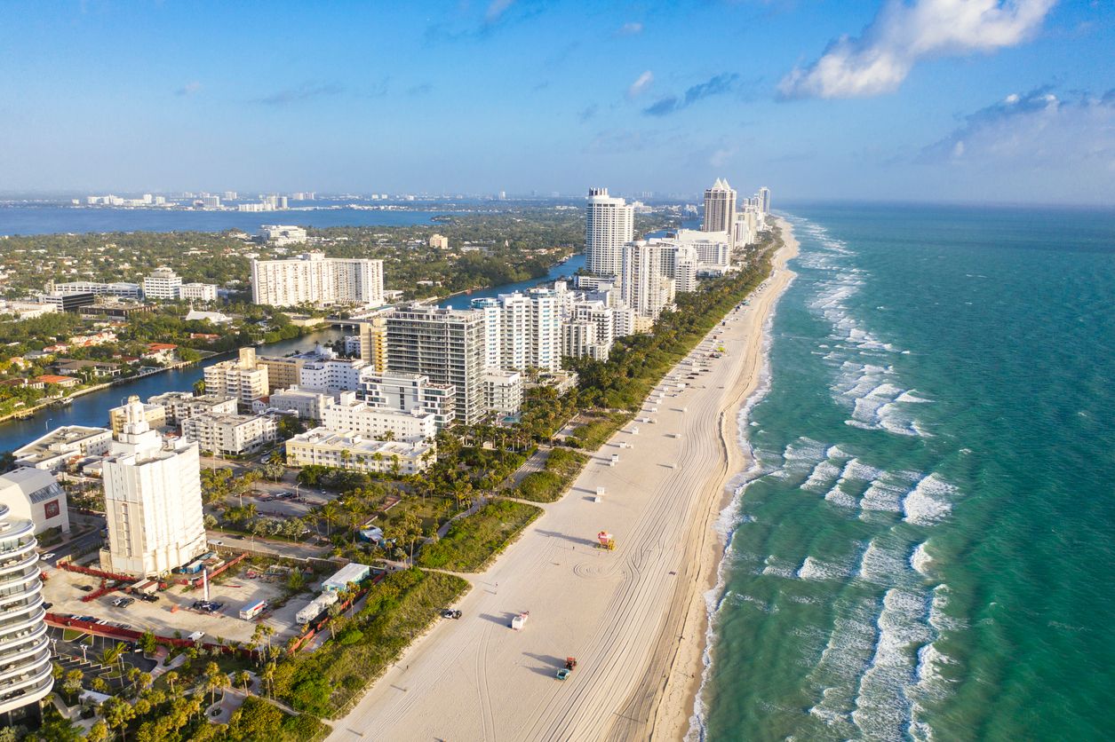 Aerial view of Miami Beach at sunrise, Florida, USA