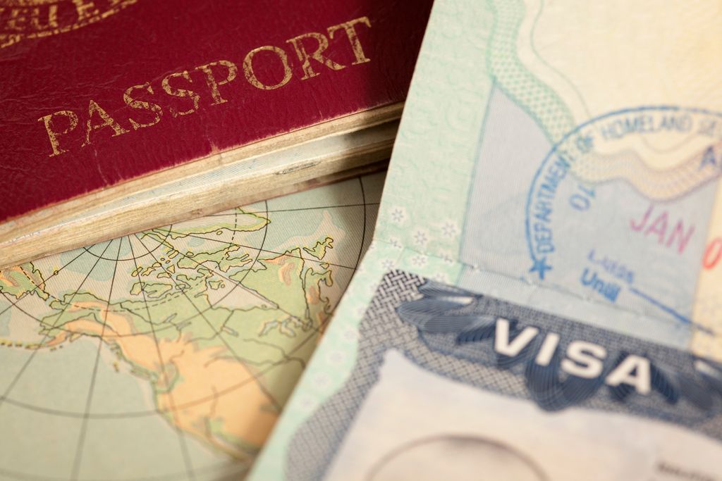 US visa, vintage map and passport background
