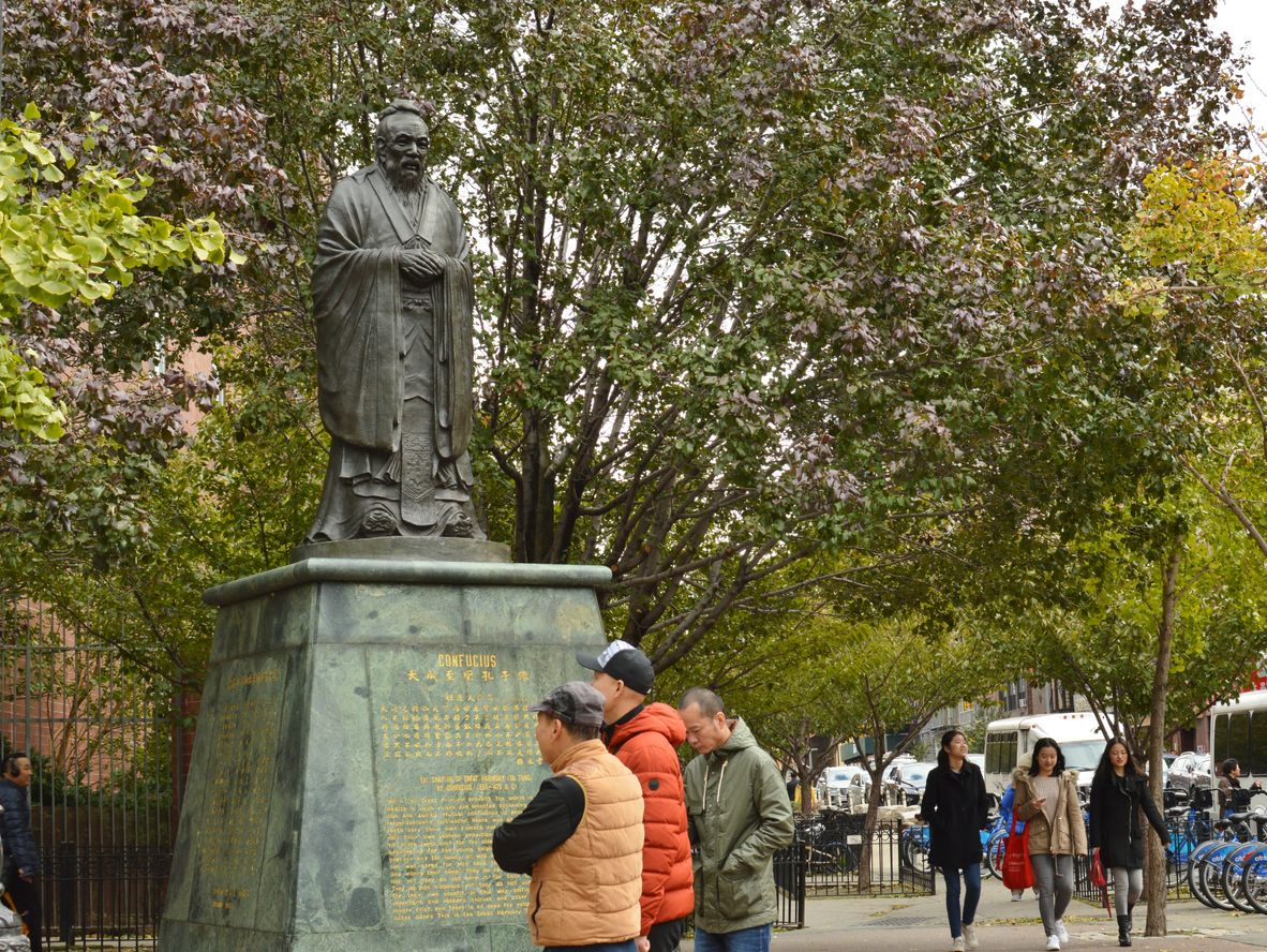 Confucius Plaza Chinatown Statue on Bowery Street Lower East Side NYC Manhattan New York City
