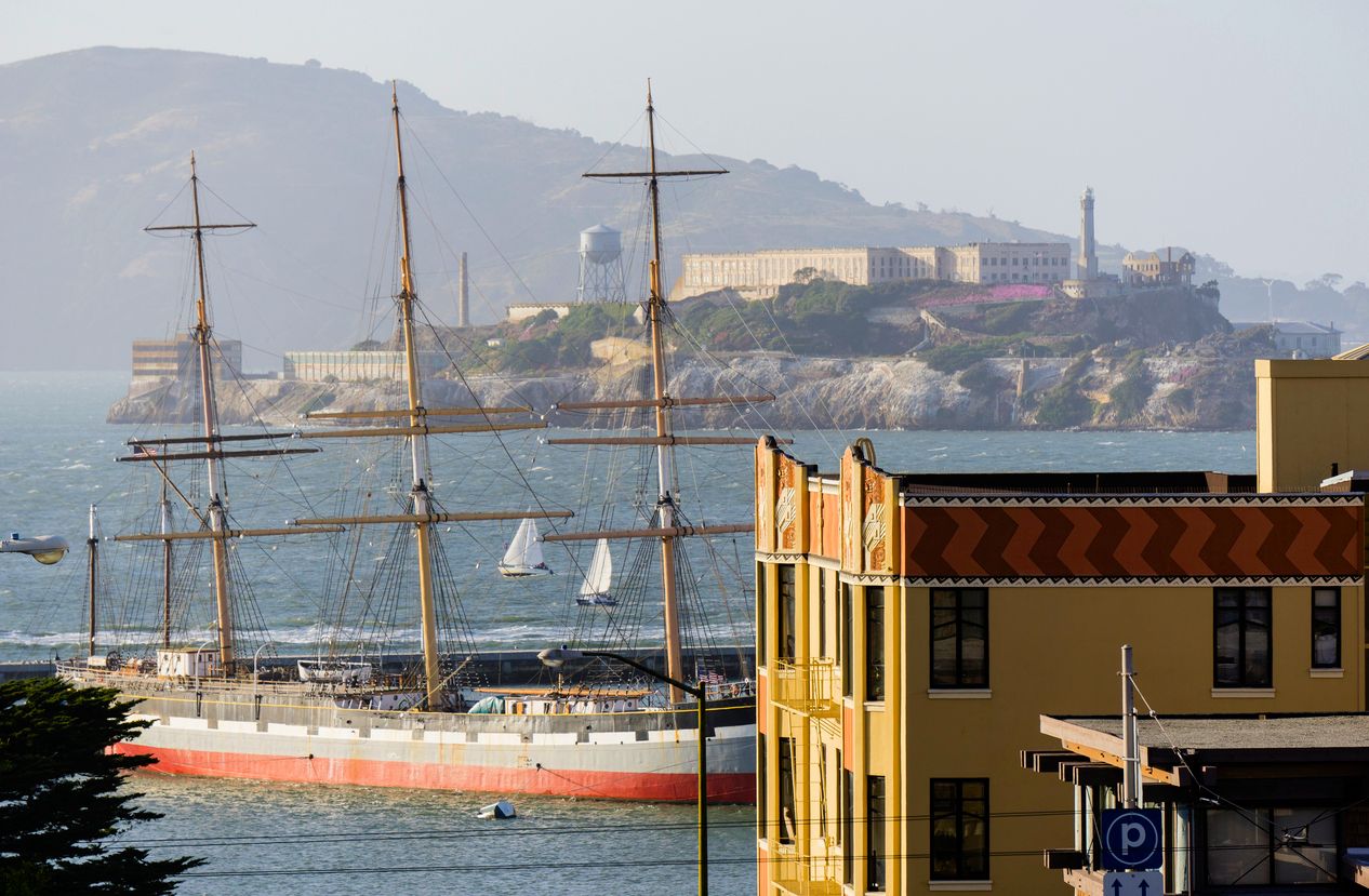 San Francisco Bay with historic ship and famous prison Alcatraz