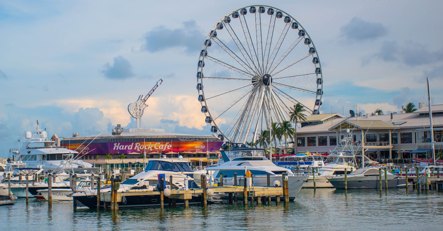 Panoramic view of Skyviews Miami Observation Wheel and Hard Rock Cafe in Bayside Marketplace area